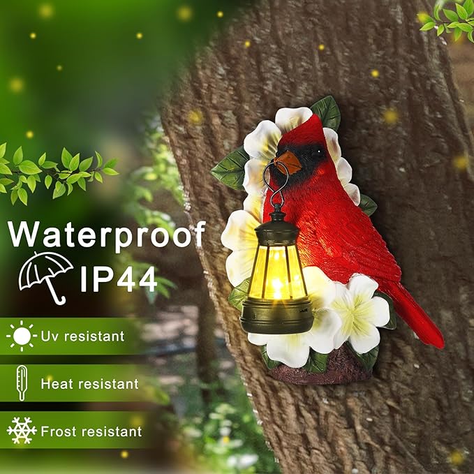 WILLBOND Cardinal Garden Decor with Solar Lantern 8.3 in Tree Cardinal Solar Light for Outside Resin Red Bird Outdoor Garden Statue for Wall Tree Yard Lawn Women Mom Grandmom Mother's Day Gifts