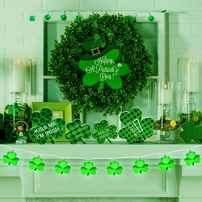 St Patricks Day Decorations Shamrock String Lights, 8.5FT Green Lucky Clover String Lights Waterproof with 10 Green | Lumora