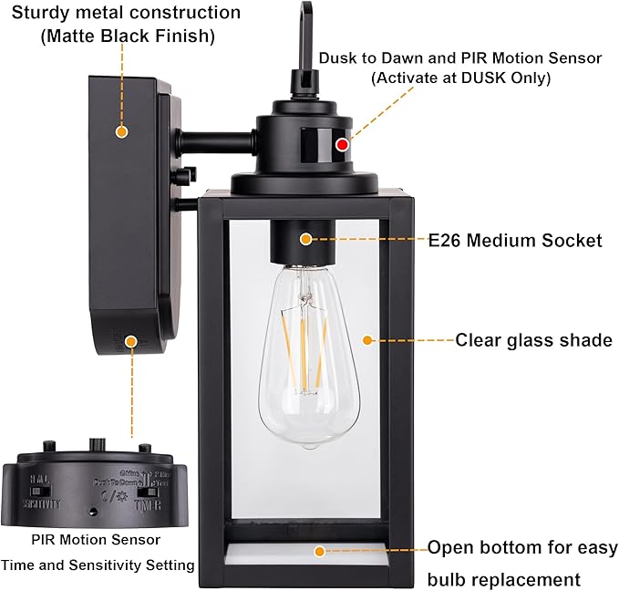 GRUENLICH Dusk to Dawn Outdoor Wall Lantern, PIR Motion Sensor Wall Sconce, E26 Base Max 60W, Metal Housing Plus Glass, Matte Black Finish, Bulb Not Included, 2-Pack