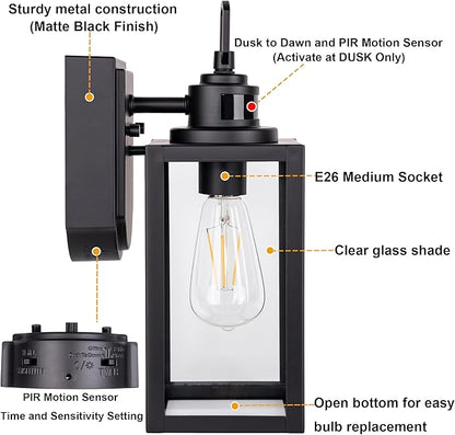 GRUENLICH Dusk to Dawn Outdoor Wall Lantern, PIR Motion Sensor Wall Sconce, E26 Base Max 60W, Metal Housing Plus Glass, Matte Black Finish, Bulb Not Included, 2-Pack
