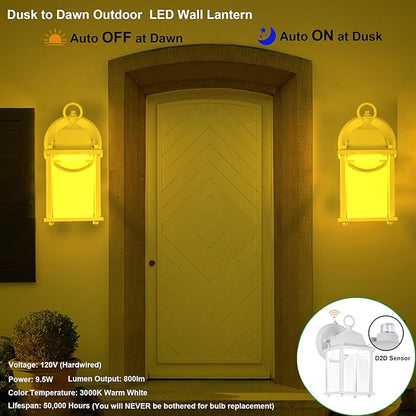 LIT-PaTH Dusk to Dawn Outdoor Wall Lantern, LED Wall Sconce, 3000K Warm White, 9.5W, 800 Lumen, Aluminum Housing Plus Glass, Outdoor Rated, 2-Pack, White