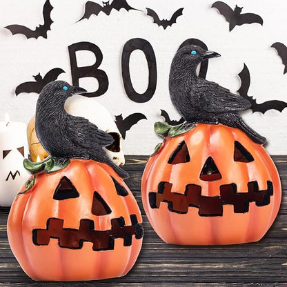HUYIENO Solar Halloween Pumpkin Decoration with Crow Solar Powered Garden Lights Color Changing LED Halloween Yard Lawn Party Outdoor Decorations