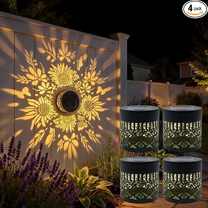 Decorative Solar Mandala Lights, Solar Mandala Lights Outdoor, Metal Waterproof LED Lamp for Garden Fence, Deck Steps, Patio Walls, Outdoor Landscape (4, Sunflower Warm Light)