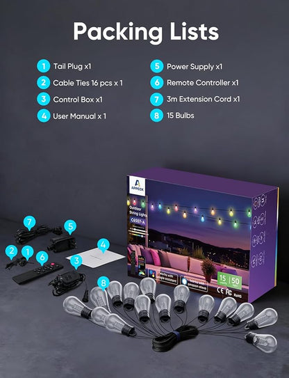 APPECK Outdoor String Lights, 50ft Smart RGBW Outdoor Patio Lights with 15 LED Bulbs, Extendable, 111 Scene Modes, IP65 Waterproof Lighting for Outside, Halloween Decor, Compatible with Alexa