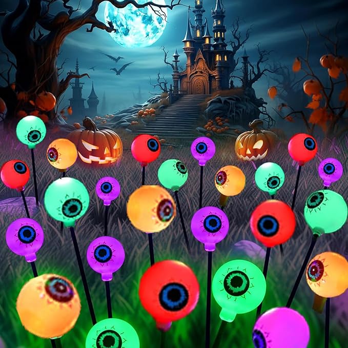 Halloween Solar Eyeball Lights Outdoor Waterproof 4 Pack 32 LED Scary Spooky Eyeballs Light 8 Mode Solar Garden Lights for Yard Path Party Decor Halloween Decorations (Green+Red+Purple+Orange)
