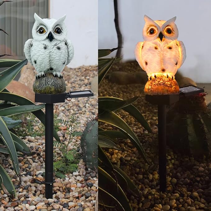 Owl Solar Garden Stake Lights, 2 Pack Owl Outdoor Path Solar Powered Owl Stake Lights for Walkway Yard Lawn Landscape Lighting (White&Brown)