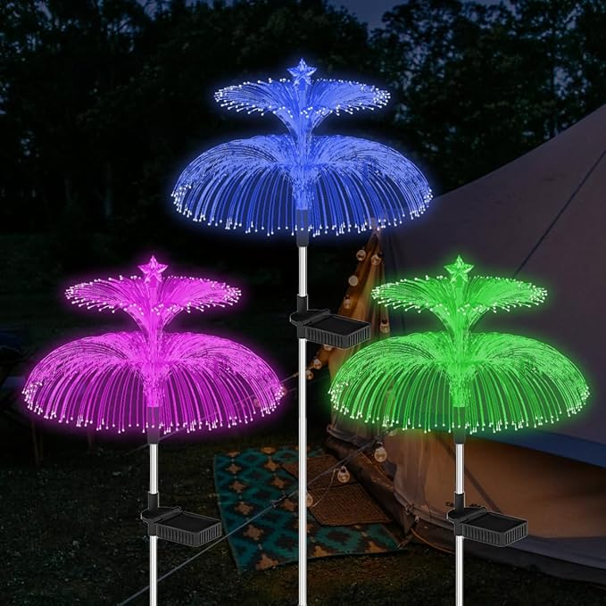 Decorman Solar Garden Lights 3 Pack Waterproof Solar Outdoor Lights 7 Color Changing Double-Layer Jellyfish and Star Solar Flower Lights for Garden Yard Patio Lawn Christmas Decor (Star, 3)