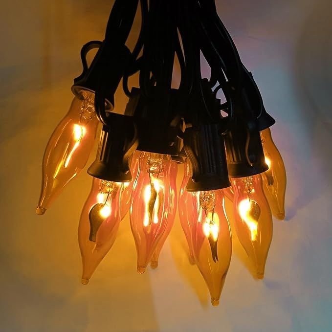 Halloween Flicker Flame Lights Orange String Lights, 10Ft C7 Vintage Flickering Flame Lights 10 Orange Flame Light Bulbs, Halloween String Light for Indoor Outdoor Halloween Christmas Decorations