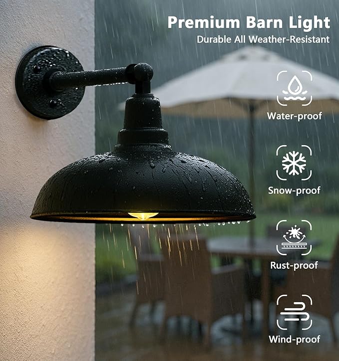 Large 20" Outdoor Gooseneck Barn Lights - Black Wall Mount, Weatherproof and Rustproof, Classic Farmhouse Style for Warehouse, Porch or Barn - 2 Pack