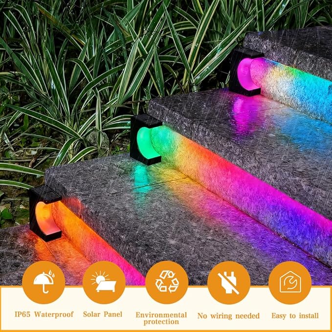 Solar Step Lights 4 Pack, Stair Lights Outdoor Waterproof, LED Step for Outside, Outdoor Solar Powered Step Lighting for Patio Decor, Deck, Porch, Front Door, Walkway (RGB Color Changing)