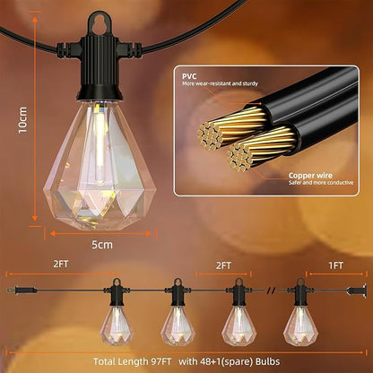 Kawaya Outdoor String Lights 97 FT LED Patio With 48+1 Shatterproof Unique Diamond Edison Bulbs 2700K Dimmable IP65 Waterproof for Yard Porch Deck Balcony Bistro Cafe