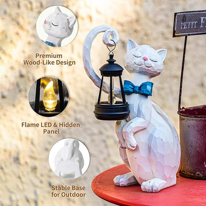WHIMSYNOOK 10.7" White Cat Solar Garden Light Statue – Outdoor Garden & Yard Decor, LED Lantern, Gift for Cat Lovers