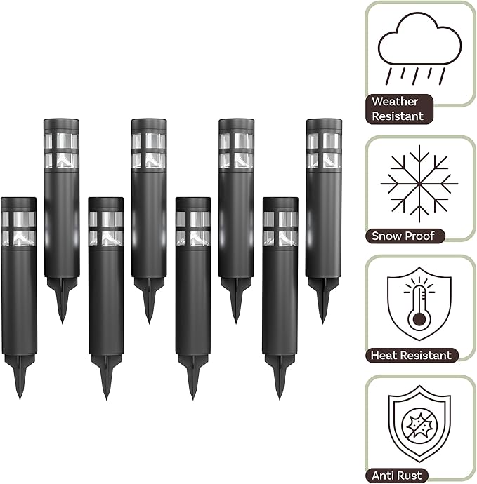 Solar Path Bollard Lights, Set of 8-15.4” Outdoor Stake Lighting for Garden, Landscape, Yard, Patio, Deck, Driveway, Walkway by Pure Garden (Black)