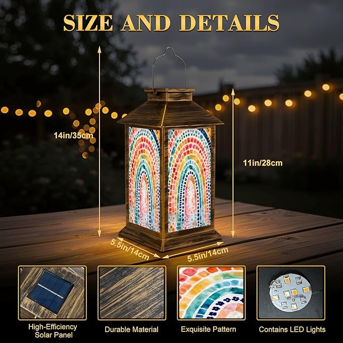 Solar Lantern Outdoor Waterproof Boho Rainbow Cute Colorful Dots Arches Dotted Patterns Gradient Garden Decor LED Solar Lights Hanging/Tabletop Lamp Gifts for Women Mom for Outside Yard Patio