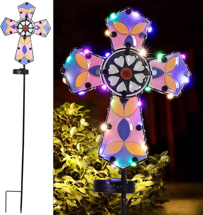 Solar Cross Garden Stake Lights 38inch Colored-Painted Outdoor Waterproof Memorial Garden Decor 2 Lighting Modes Cemetery Decorations for Grave for Remembrance Gifts & Sympathy Gifts
