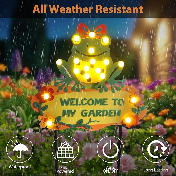 Frog Solar Lights Outdoor Garden 43.7" with 18 Bulbs Solar Powered String Lights, Large Welcome to My Garden Green Yard Stakes for Pathway, Lawn, Patio, Outdoor Decor