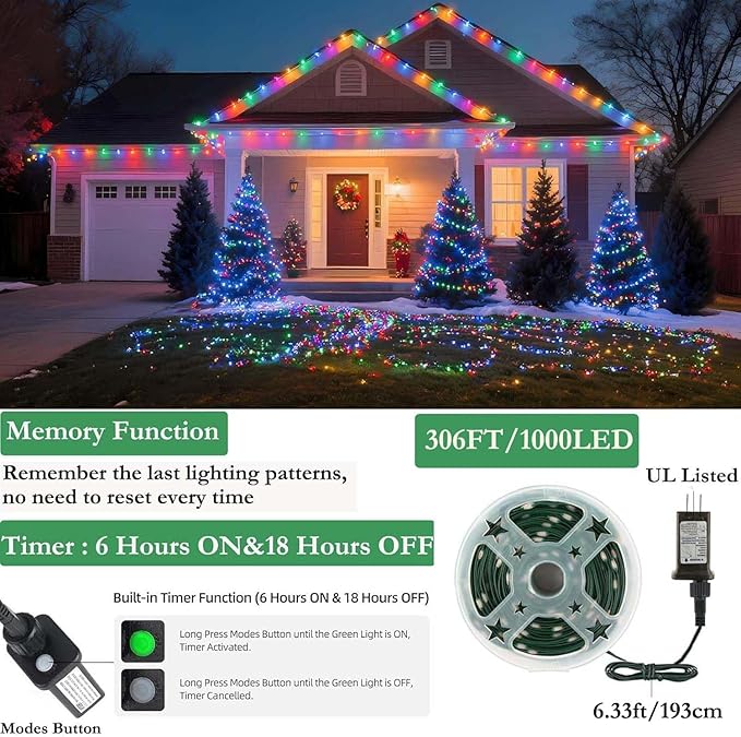 Tcamp 306FT 1000 LED Christmas Tree Lights Outdoor Indoor String Lights with Memory Timer Function, 8 Modes Green Wire Fairy String Light for Xmas Tree Holiday Party Decor (Multicolor)