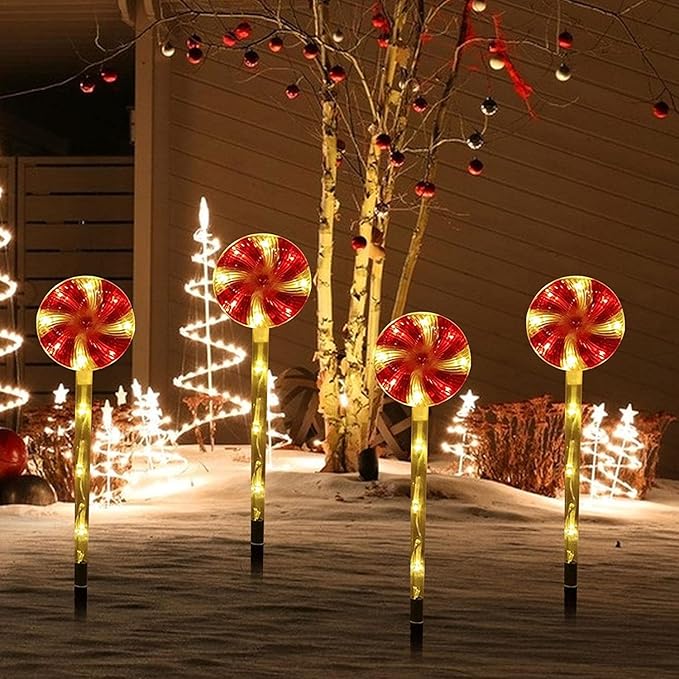 Solar Garden Lights Candy Cane Lights, 4 Cute Christmas Lollipop Pathway Lights with Stakes, Waterproof Outdoor Solar Pathway Lights for Christmas Decoration, Yard, Yard, Lawn (Color : Red)