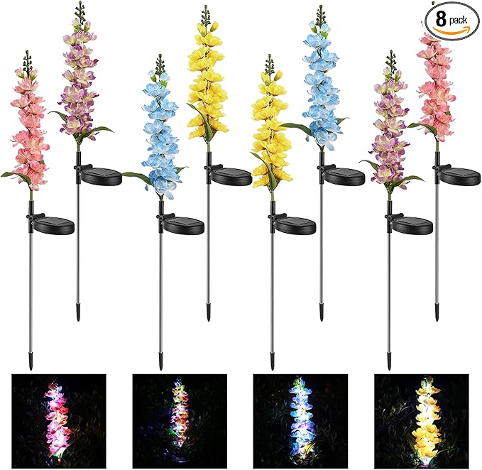 Solar Delphinium Flowers Lights Waterproof Color Lights Upgraded Solar Panel 2 Light Modes Solar Waterproof LED Solar Lights Outdoor for Yard Garden Lawn Pathway Decoration (8)