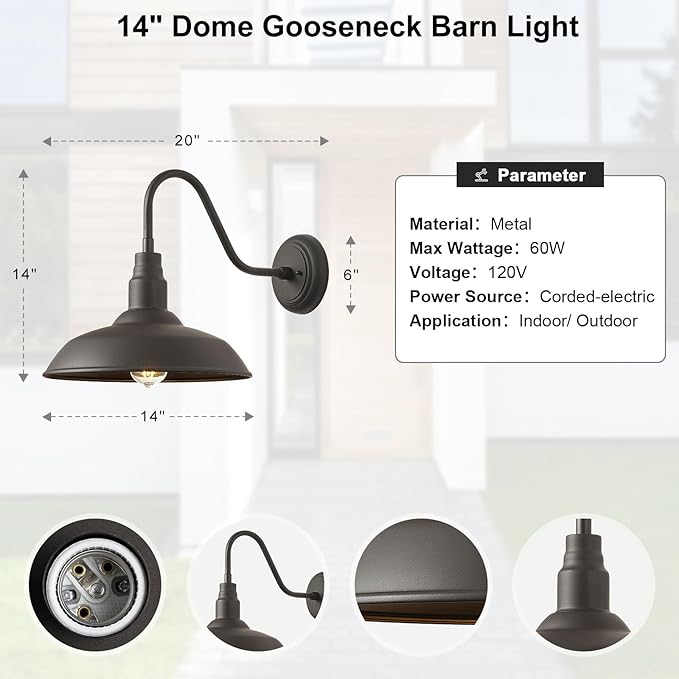 2 Pack Outdoor Barn Farmhouse Light with 14in Dome, Exterior Gooseneck Lights Fixture for House, Dark Bronze | Lumora