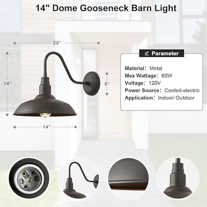 2 Pack Outdoor Barn Farmhouse Light with 14in Dome, Exterior Gooseneck Lights Fixture for House, Dark Bronze Outside Wall Mount for Porch, Patio, Entryways