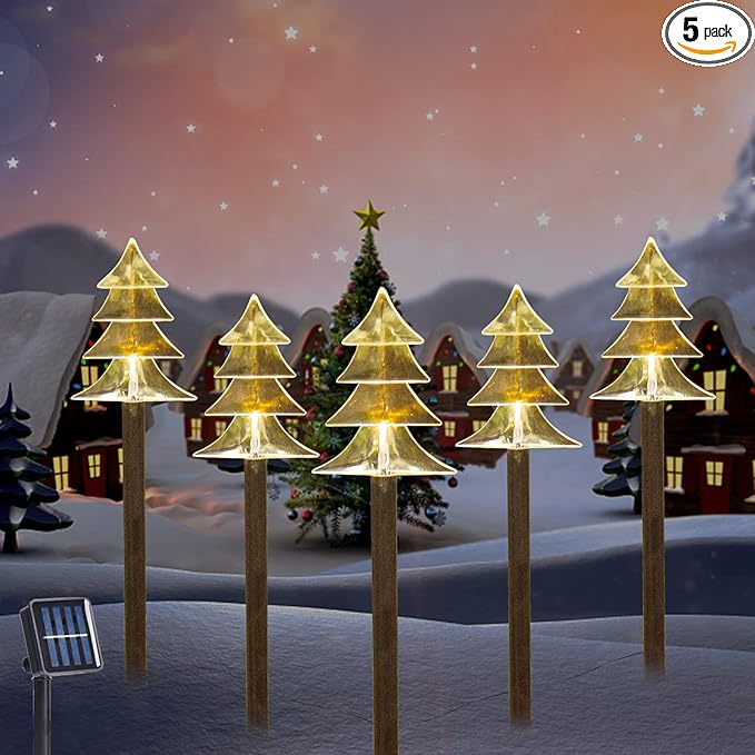 BRIGHTDECK Christmas Solar Pathway Lights Outdoor Decorations，Xmas Tree Lights Waterproof Led Garden Stake Light for Walkway Yard Lawn Porch Holiday Decor 5-Pack (Small Tree, 5 Pack)