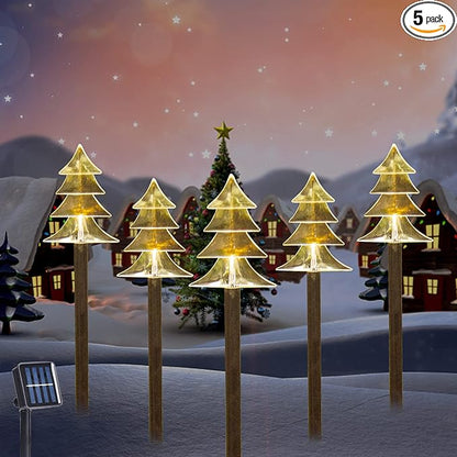 BRIGHTDECK Christmas Solar Pathway Lights Outdoor Decorations，Xmas Tree Lights Waterproof Led Garden Stake Light for Walkway Yard Lawn Porch Holiday Decor 5-Pack (Small Tree, 5 Pack)