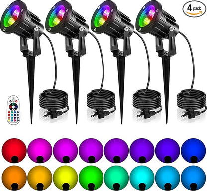 OurLeeme Lawn Flood Light Stake, RGB Spot Lights,8W Outdoor LED Flood Light Waterproof Garden Yard Lights with Remote Control,2-in 1 Landscaping Spotlights for Patio,Pathway, Driveway 85-265V (4 Pcs)