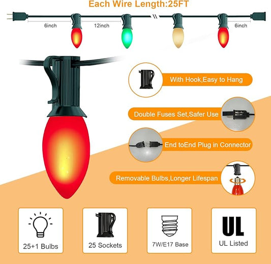 Abeja C9 Christmas Lights Outdoor, 25Ft Vintage Ceramic Christmas String Light with 26 Red White Green Bulbs (1 Spare), Waterproof Hanging Decor Lights for Xmas Tree Garden Roofline