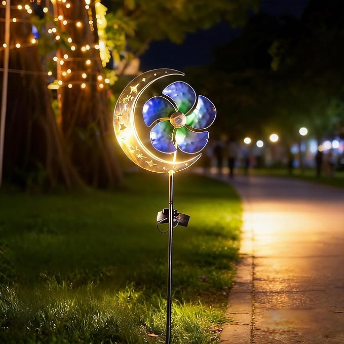 Solar Powered Wind Spinner Stake Light, Warm White LED Moon & Flower Windmill Light, Waterproof Solar Pathway Light for Outdoor Yard, Lawn, Patio, Walkway Decor