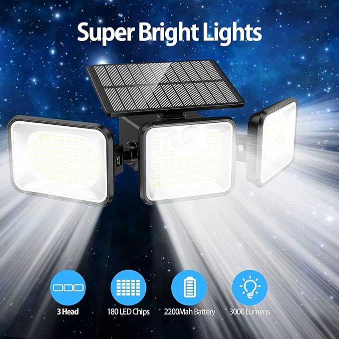2 Pack 180 LED Solar Flood Light Outdoor,Motion Sensor Outdoor Lights,IP65 Waterproof,3 Adjustable Heads Outdoor | Lumora