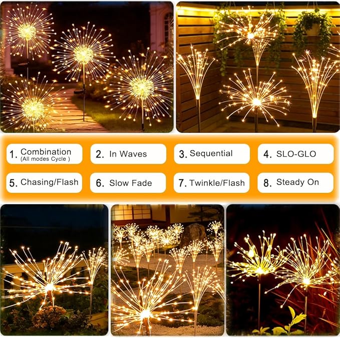 Solar Firework Lights for Outside, 150 LED 8 Modes Fireworks Solar Fairy Lights Outdoor Flowers for Garden Yard | Lumora
