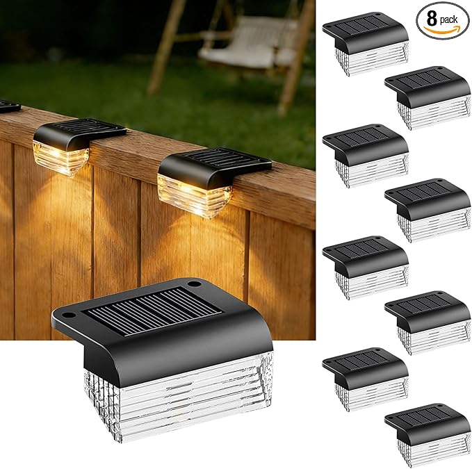 Solar Fence Lights Outdoor 8 Pack - Deck Lights 3000k Fence Lights Solar Powered, IP55 Waterproof LED Solar Step Light for Outdoor Stairs, Deck, Patio, Yard, Backyard, Garden(Warm White)