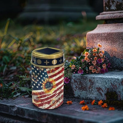 Cemetery Solar Lights for Grave, American Flag Sunflower Pattern Outdoor Solar for Independence Day Decor, Outdoor Garden Lights Waterproof Path Lights for Garden Night Light Outside Decor