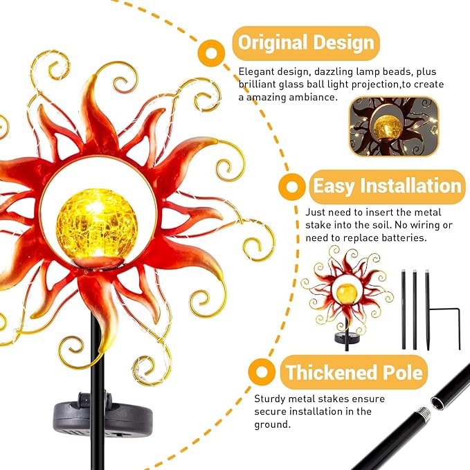 Solar Lights Outdoor Waterproof Red Sun Metal Crackle Glass Stake Decorative for Outside,Yard,Lawn,Patio,Walkway | Lumora