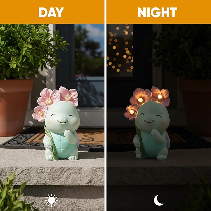 GLO-X Solar Turtle Garden Statue – Turtle Statue with Light-Up Flowers, Solar Powered Garden Decor Figurine for Outdoor Gardens, Lawn & Patio, Garden Gift for Mom & Grandma