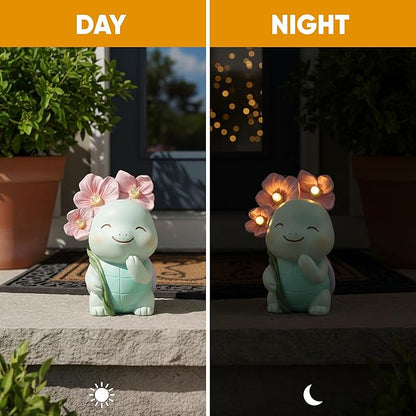 GLO-X Solar Turtle Garden Statue – Turtle Statue with Light-Up Flowers, Solar Powered Garden Decor Figurine for Outdoor Gardens, Lawn & Patio, Garden Gift for Mom & Grandma