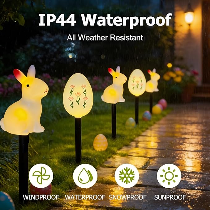 AVEKI 5 Pcs Easter Bunny and Egg Solar Pathway Lights Outdoor, Stake Lights with Steady & Flashing Modes, Waterproof Outdoor Garden Lights for Easter Decorations Yard Pathway (Bunny and Egg)