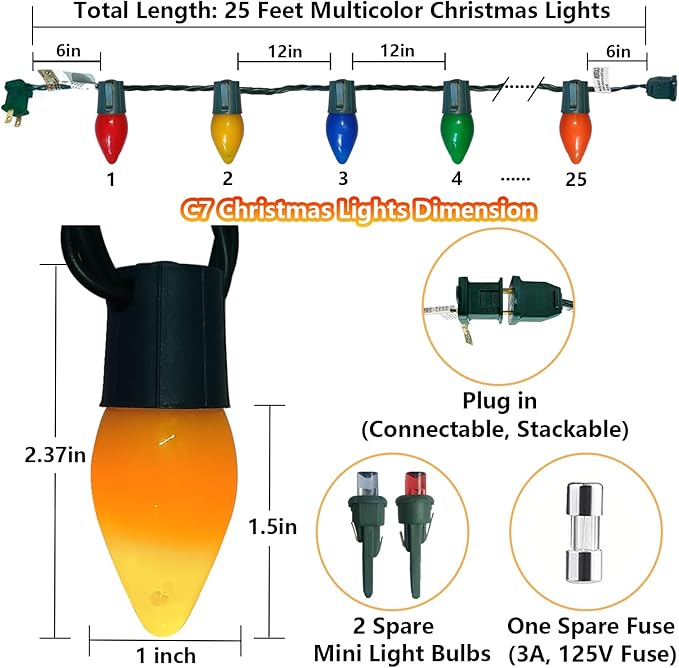 Christmas Lights Outdoor 25Ft C7 LED Vintage Christmas String Lights with 25 Multicolor Light Bulbs, Shatterproof Connectable Rainbow Light for Outside Party Balcony Christmas Decor