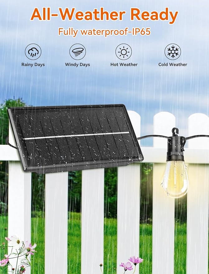 Brightever Solar String Lights for Outside, 50FT Patio Lights Outdoor Waterproof Solar Powered, 3 Lighting Modes Dimmable, 15+1 Shatterproof S14 Edison Bulbs, Solar Outdoor String Lights for Deck