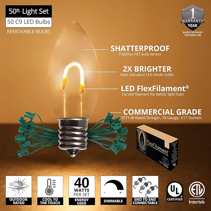 Wintergreen Lighting 50' FlexFilament LED C9 Warm White Christmas Lights, Shatterproof Edison String Lights Christmas Outdoor Lights
