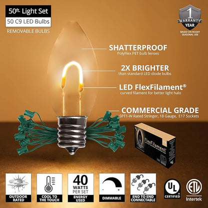 Wintergreen Lighting 50' FlexFilament LED C9 Warm White Christmas Lights, Shatterproof Edison String Lights Christmas Outdoor Lights