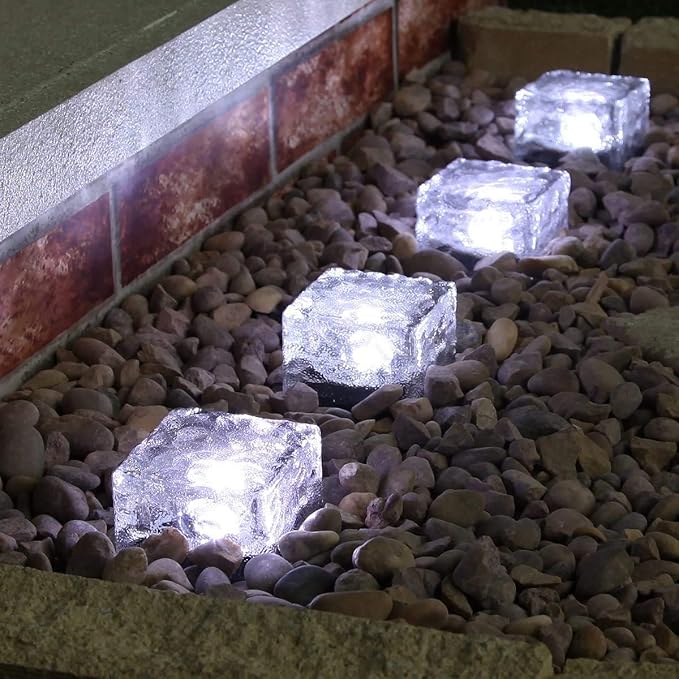 2 Pack Solar Path Ice Cube Lights Outdoor, Waterproof Garden Glass Path Light Solar Ice Light Crystal Brick Landscape Light (White)