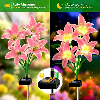 Solar Garden Lights 4 Pack 16 Pink Lily Flowers,Gifts for Mom Woman Birthday Outdoor Solar Flower Lights, Cemetery Flowers for Grave - Decorative Lilies for Yard, Patio, Pathway Decorations