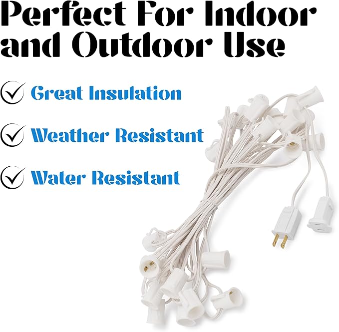 HLO Lighting C7 Light Strings | 50' White Cord with 12" Socket Spacing, E12 Light Stringer for C7 Christmas Lights | Lumora