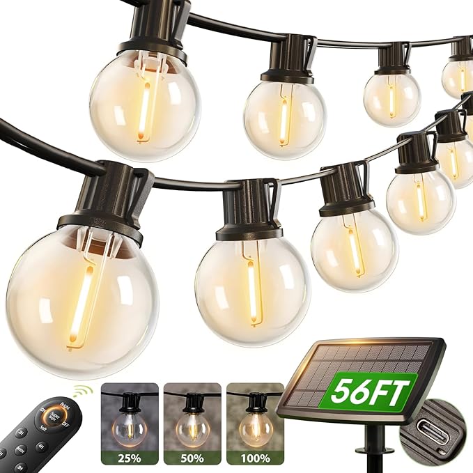 addlon 56FT(50+6) Solar String Lights Outdoor with Remote, 27 Shatterproof G40 Bulbs, Solar Powered & USB Charging Patio Lights, Dimmable Waterproof Solar String Lights for Outside, Camping, Backyard