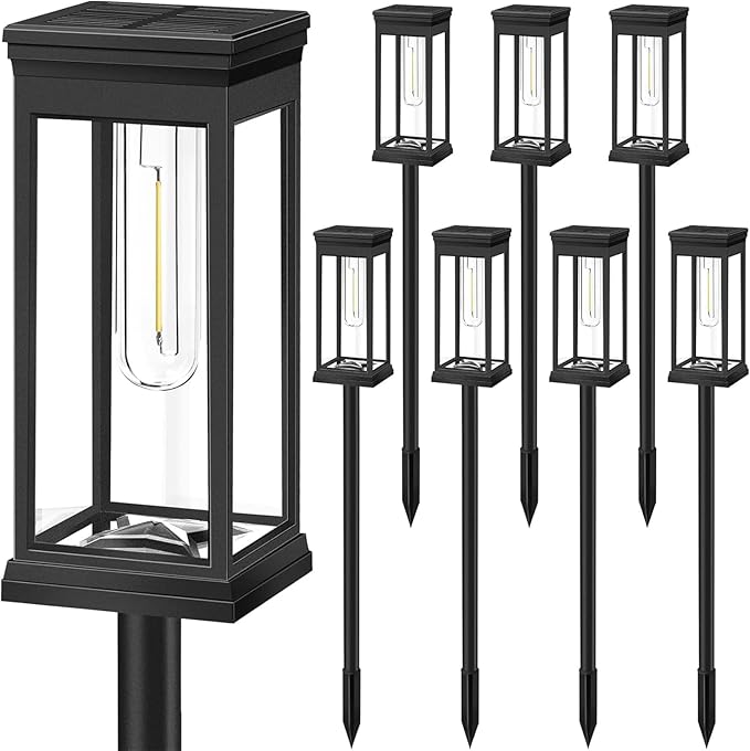 BRRNOO 8pcs Solar Pathway Lights, Outdoor Solar , Lawn Lights with Ground Spike for Gardens Patios Pathways IP65 Warm White