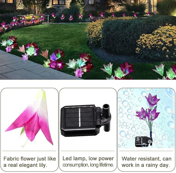 SOLARBABY Solar Lights Outdoor - Lily Flower Solar Garden Lights, 4 Pack Lights Outdoor Waterproof Multicolor Changing LED Flower with Bigger Lily for Patio Yard Pathway Balcony Outdoor Décor