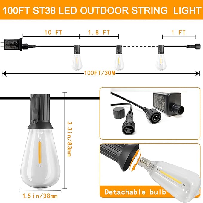 Outdoor LED String Lights with 100 Feet 52 Edison Plastic Bulbs(2 Spare), Waterproof Hanging Lights for Patio Backyard Porch Balcony Party Christmas Decoration