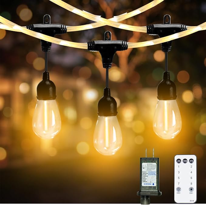 Outdoor String Lights 28.2 FT, Waterproof Dimmable LED Edison Bulbs with Remote, Rope-Style Durable Design | Lumora